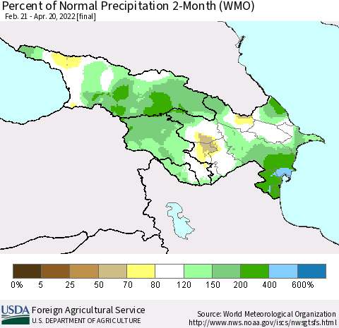 Azerbaijan, Armenia and Georgia Percent of Normal Precipitation 2-Month (WMO) Thematic Map For 2/21/2022 - 4/20/2022
