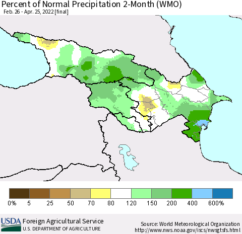 Azerbaijan, Armenia and Georgia Percent of Normal Precipitation 2-Month (WMO) Thematic Map For 2/26/2022 - 4/25/2022
