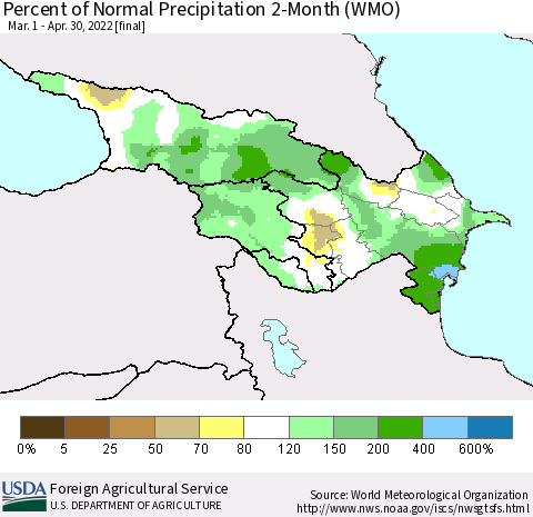 Azerbaijan, Armenia and Georgia Percent of Normal Precipitation 2-Month (WMO) Thematic Map For 3/1/2022 - 4/30/2022
