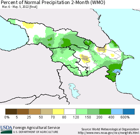Azerbaijan, Armenia and Georgia Percent of Normal Precipitation 2-Month (WMO) Thematic Map For 3/6/2022 - 5/5/2022