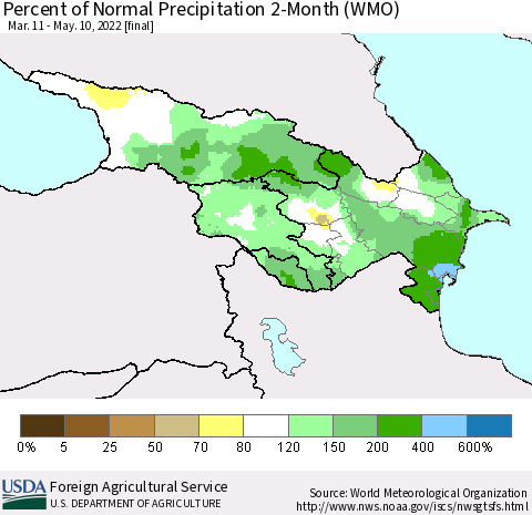 Azerbaijan, Armenia and Georgia Percent of Normal Precipitation 2-Month (WMO) Thematic Map For 3/11/2022 - 5/10/2022