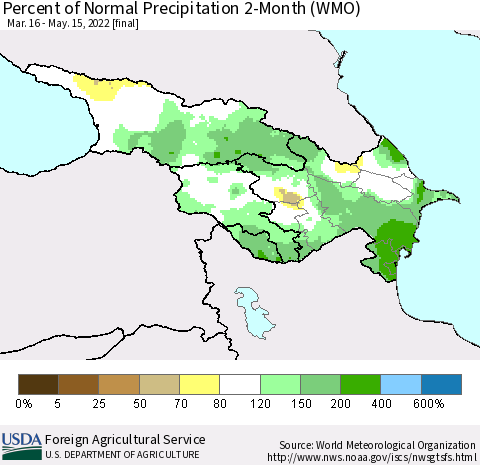 Azerbaijan, Armenia and Georgia Percent of Normal Precipitation 2-Month (WMO) Thematic Map For 3/16/2022 - 5/15/2022