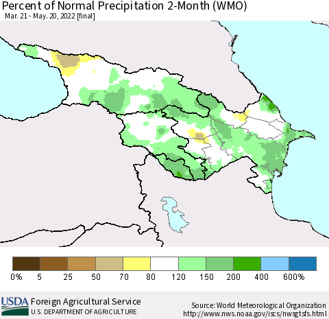 Azerbaijan, Armenia and Georgia Percent of Normal Precipitation 2-Month (WMO) Thematic Map For 3/21/2022 - 5/20/2022