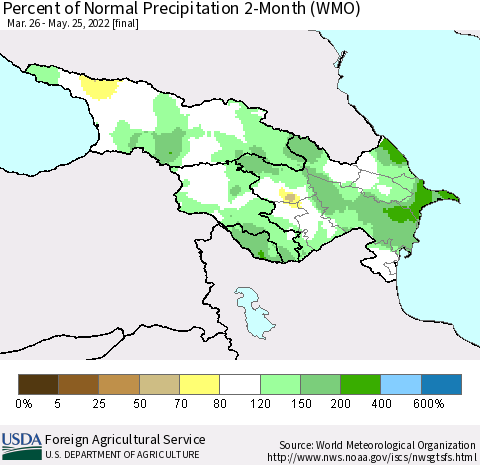 Azerbaijan, Armenia and Georgia Percent of Normal Precipitation 2-Month (WMO) Thematic Map For 3/26/2022 - 5/25/2022