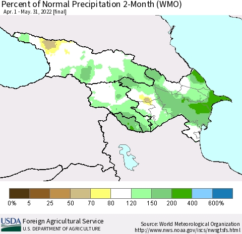 Azerbaijan, Armenia and Georgia Percent of Normal Precipitation 2-Month (WMO) Thematic Map For 4/1/2022 - 5/31/2022