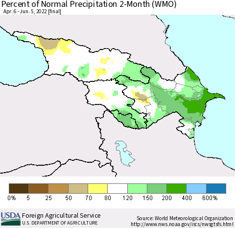 Azerbaijan, Armenia and Georgia Percent of Normal Precipitation 2-Month (WMO) Thematic Map For 4/6/2022 - 6/5/2022