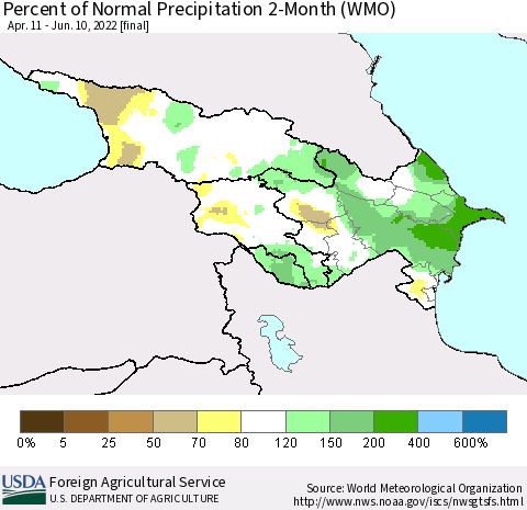 Azerbaijan, Armenia and Georgia Percent of Normal Precipitation 2-Month (WMO) Thematic Map For 4/11/2022 - 6/10/2022