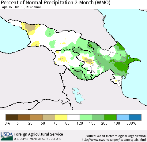 Azerbaijan, Armenia and Georgia Percent of Normal Precipitation 2-Month (WMO) Thematic Map For 4/16/2022 - 6/15/2022