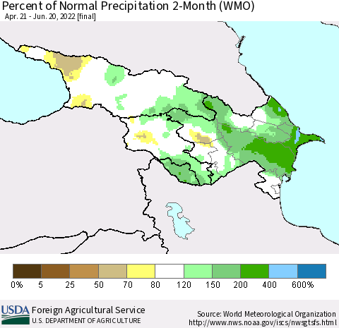 Azerbaijan, Armenia and Georgia Percent of Normal Precipitation 2-Month (WMO) Thematic Map For 4/21/2022 - 6/20/2022
