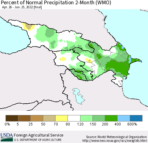 Azerbaijan, Armenia and Georgia Percent of Normal Precipitation 2-Month (WMO) Thematic Map For 4/26/2022 - 6/25/2022