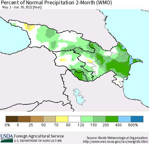 Azerbaijan, Armenia and Georgia Percent of Normal Precipitation 2-Month (WMO) Thematic Map For 5/1/2022 - 6/30/2022