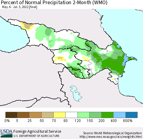 Azerbaijan, Armenia and Georgia Percent of Normal Precipitation 2-Month (WMO) Thematic Map For 5/6/2022 - 7/5/2022