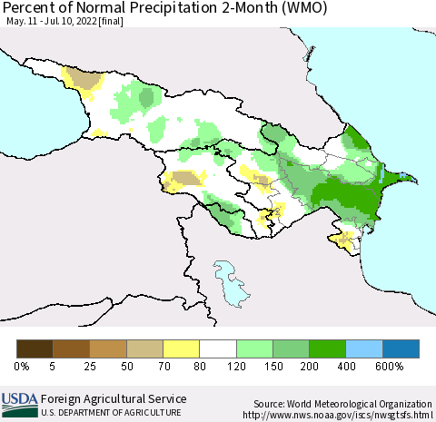 Azerbaijan, Armenia and Georgia Percent of Normal Precipitation 2-Month (WMO) Thematic Map For 5/11/2022 - 7/10/2022