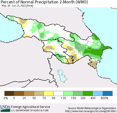 Azerbaijan, Armenia and Georgia Percent of Normal Precipitation 2-Month (WMO) Thematic Map For 5/16/2022 - 7/15/2022