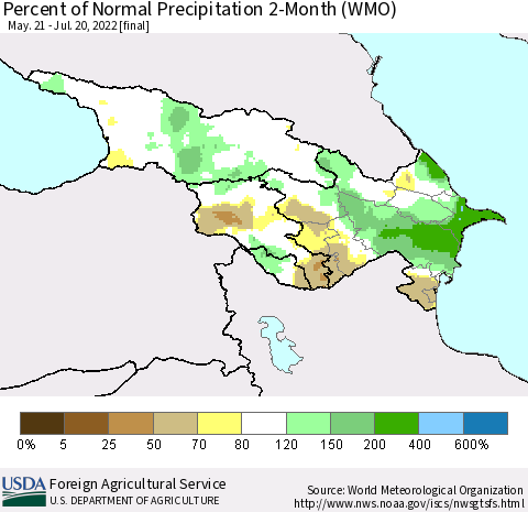 Azerbaijan, Armenia and Georgia Percent of Normal Precipitation 2-Month (WMO) Thematic Map For 5/21/2022 - 7/20/2022