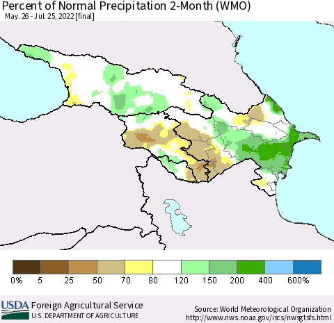 Azerbaijan, Armenia and Georgia Percent of Normal Precipitation 2-Month (WMO) Thematic Map For 5/26/2022 - 7/25/2022