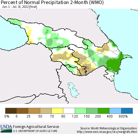 Azerbaijan, Armenia and Georgia Percent of Normal Precipitation 2-Month (WMO) Thematic Map For 6/1/2022 - 7/31/2022