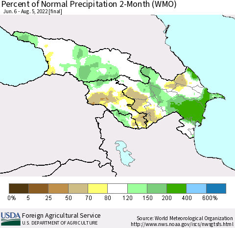 Azerbaijan, Armenia and Georgia Percent of Normal Precipitation 2-Month (WMO) Thematic Map For 6/6/2022 - 8/5/2022