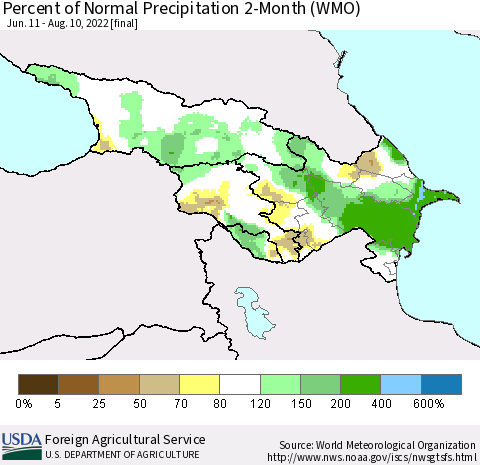 Azerbaijan, Armenia and Georgia Percent of Normal Precipitation 2-Month (WMO) Thematic Map For 6/11/2022 - 8/10/2022
