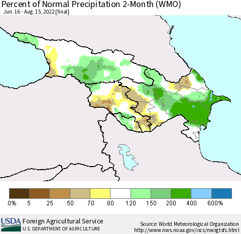 Azerbaijan, Armenia and Georgia Percent of Normal Precipitation 2-Month (WMO) Thematic Map For 6/16/2022 - 8/15/2022