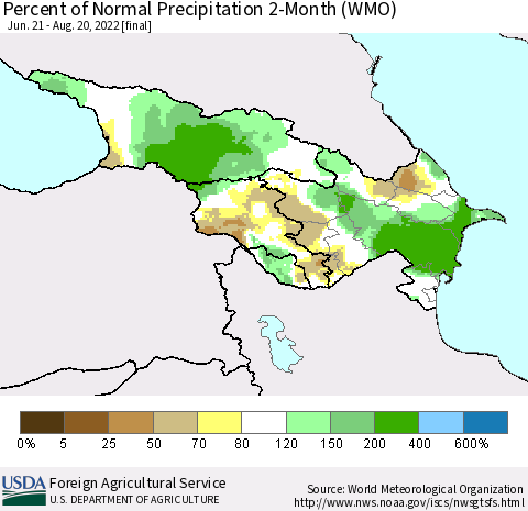 Azerbaijan, Armenia and Georgia Percent of Normal Precipitation 2-Month (WMO) Thematic Map For 6/21/2022 - 8/20/2022