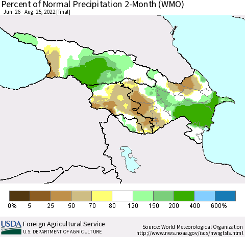 Azerbaijan, Armenia and Georgia Percent of Normal Precipitation 2-Month (WMO) Thematic Map For 6/26/2022 - 8/25/2022