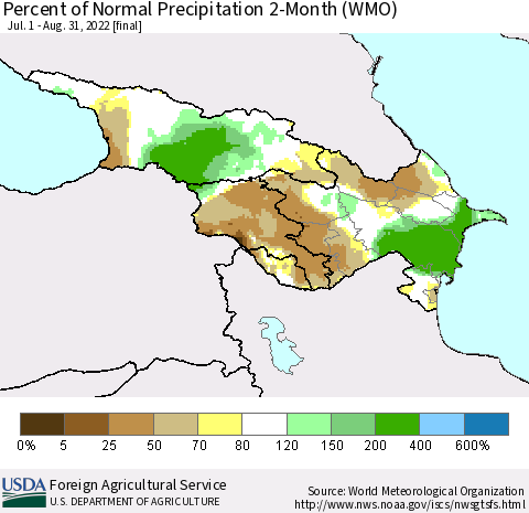 Azerbaijan, Armenia and Georgia Percent of Normal Precipitation 2-Month (WMO) Thematic Map For 7/1/2022 - 8/31/2022