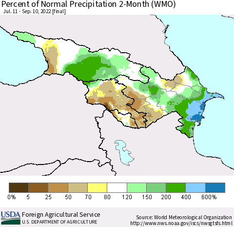 Azerbaijan, Armenia and Georgia Percent of Normal Precipitation 2-Month (WMO) Thematic Map For 7/11/2022 - 9/10/2022