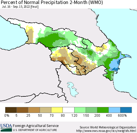 Azerbaijan, Armenia and Georgia Percent of Normal Precipitation 2-Month (WMO) Thematic Map For 7/16/2022 - 9/15/2022