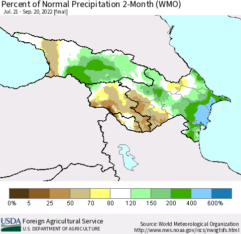 Azerbaijan, Armenia and Georgia Percent of Normal Precipitation 2-Month (WMO) Thematic Map For 7/21/2022 - 9/20/2022