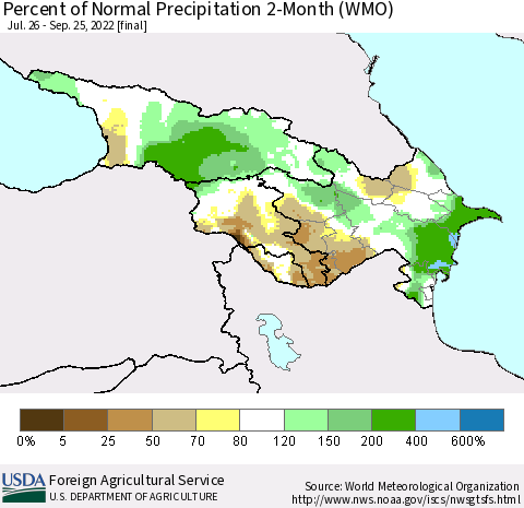 Azerbaijan, Armenia and Georgia Percent of Normal Precipitation 2-Month (WMO) Thematic Map For 7/26/2022 - 9/25/2022