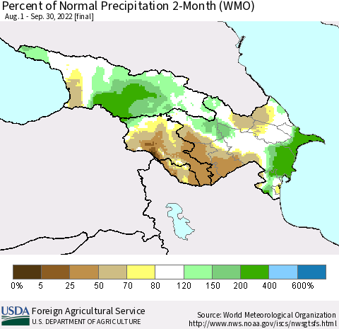 Azerbaijan, Armenia and Georgia Percent of Normal Precipitation 2-Month (WMO) Thematic Map For 8/1/2022 - 9/30/2022