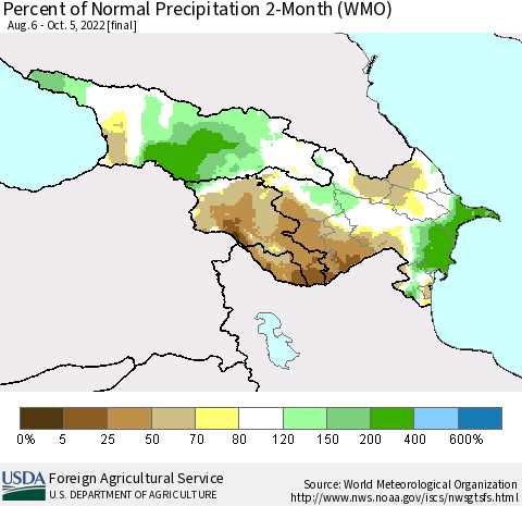 Azerbaijan, Armenia and Georgia Percent of Normal Precipitation 2-Month (WMO) Thematic Map For 8/6/2022 - 10/5/2022