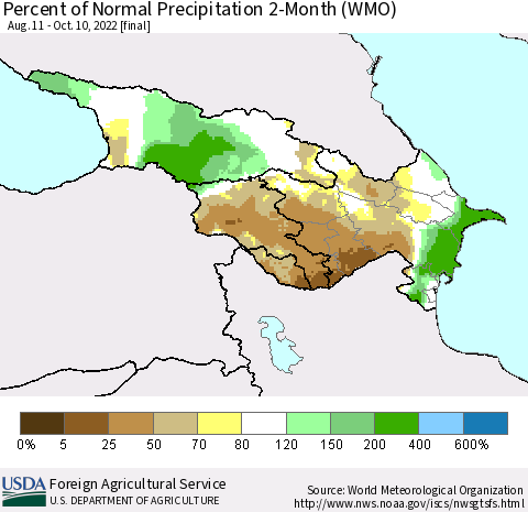 Azerbaijan, Armenia and Georgia Percent of Normal Precipitation 2-Month (WMO) Thematic Map For 8/11/2022 - 10/10/2022