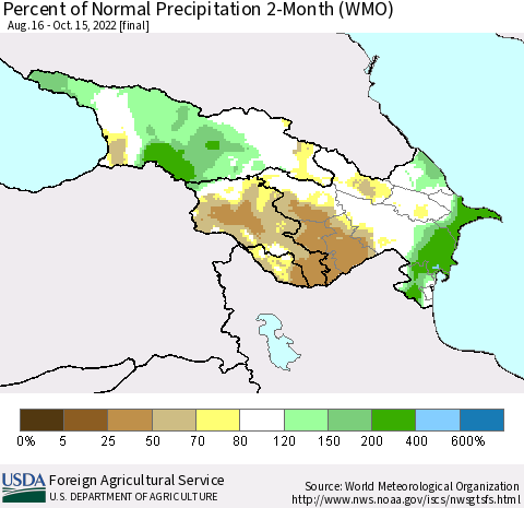 Azerbaijan, Armenia and Georgia Percent of Normal Precipitation 2-Month (WMO) Thematic Map For 8/16/2022 - 10/15/2022