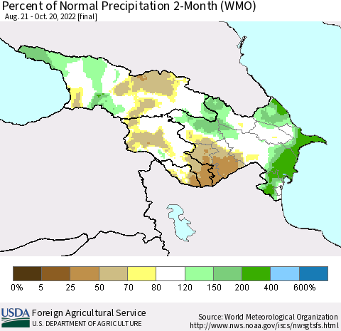 Azerbaijan, Armenia and Georgia Percent of Normal Precipitation 2-Month (WMO) Thematic Map For 8/21/2022 - 10/20/2022