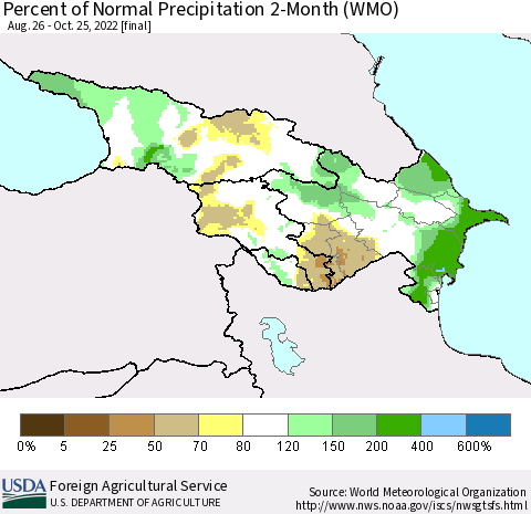 Azerbaijan, Armenia and Georgia Percent of Normal Precipitation 2-Month (WMO) Thematic Map For 8/26/2022 - 10/25/2022