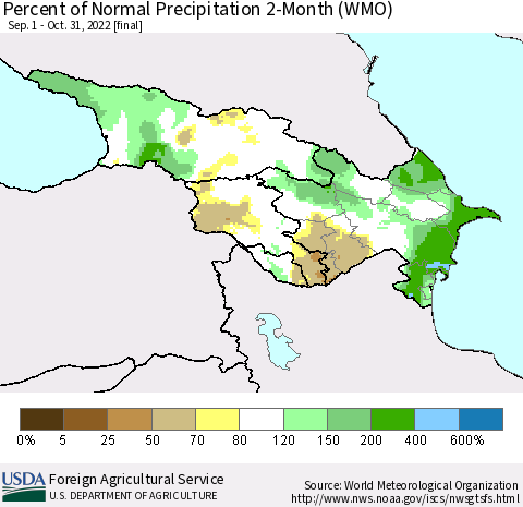 Azerbaijan, Armenia and Georgia Percent of Normal Precipitation 2-Month (WMO) Thematic Map For 9/1/2022 - 10/31/2022