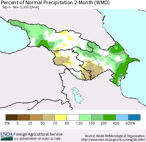 Azerbaijan, Armenia and Georgia Percent of Normal Precipitation 2-Month (WMO) Thematic Map For 9/6/2022 - 11/5/2022