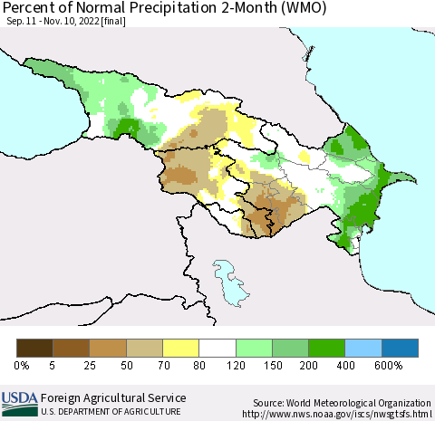 Azerbaijan, Armenia and Georgia Percent of Normal Precipitation 2-Month (WMO) Thematic Map For 9/11/2022 - 11/10/2022