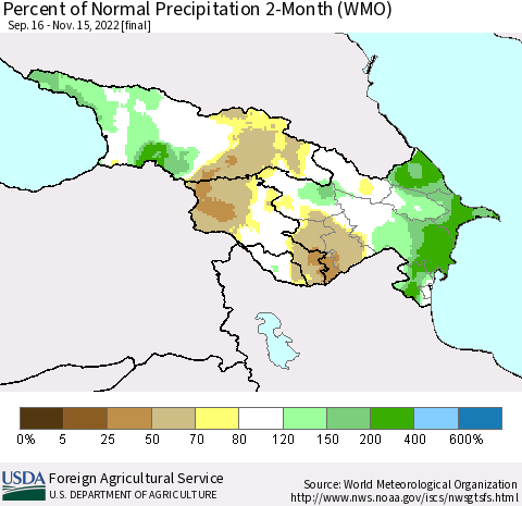Azerbaijan, Armenia and Georgia Percent of Normal Precipitation 2-Month (WMO) Thematic Map For 9/16/2022 - 11/15/2022