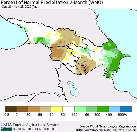 Azerbaijan, Armenia and Georgia Percent of Normal Precipitation 2-Month (WMO) Thematic Map For 9/26/2022 - 11/25/2022