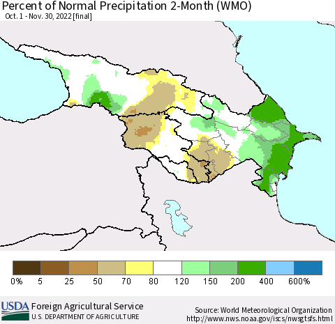 Azerbaijan, Armenia and Georgia Percent of Normal Precipitation 2-Month (WMO) Thematic Map For 10/1/2022 - 11/30/2022