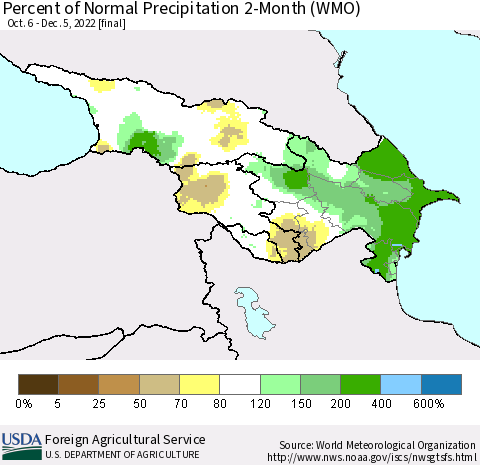 Azerbaijan, Armenia and Georgia Percent of Normal Precipitation 2-Month (WMO) Thematic Map For 10/6/2022 - 12/5/2022