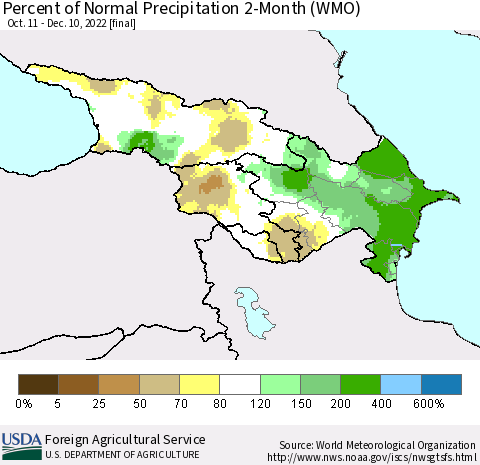 Azerbaijan, Armenia and Georgia Percent of Normal Precipitation 2-Month (WMO) Thematic Map For 10/11/2022 - 12/10/2022