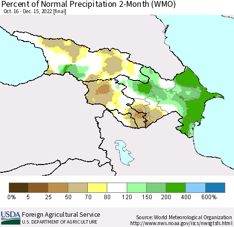 Azerbaijan, Armenia and Georgia Percent of Normal Precipitation 2-Month (WMO) Thematic Map For 10/16/2022 - 12/15/2022