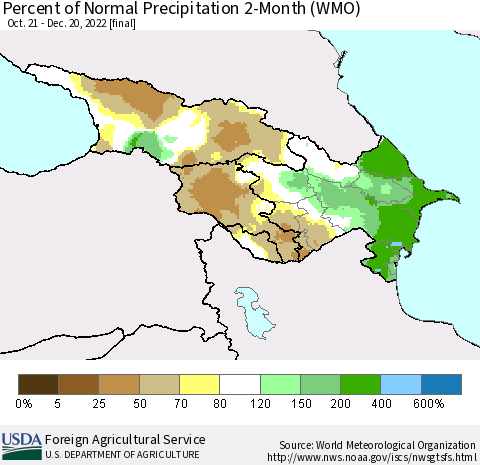 Azerbaijan, Armenia and Georgia Percent of Normal Precipitation 2-Month (WMO) Thematic Map For 10/21/2022 - 12/20/2022