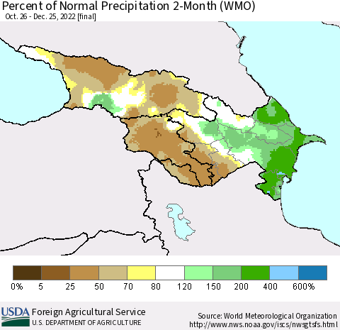 Azerbaijan, Armenia and Georgia Percent of Normal Precipitation 2-Month (WMO) Thematic Map For 10/26/2022 - 12/25/2022