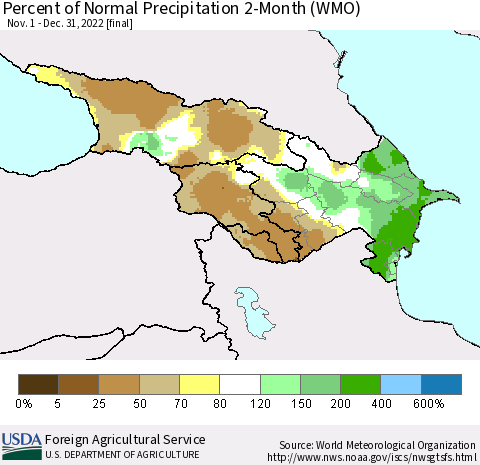 Azerbaijan, Armenia and Georgia Percent of Normal Precipitation 2-Month (WMO) Thematic Map For 11/1/2022 - 12/31/2022