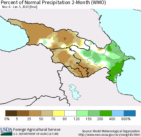 Azerbaijan, Armenia and Georgia Percent of Normal Precipitation 2-Month (WMO) Thematic Map For 11/6/2022 - 1/5/2023